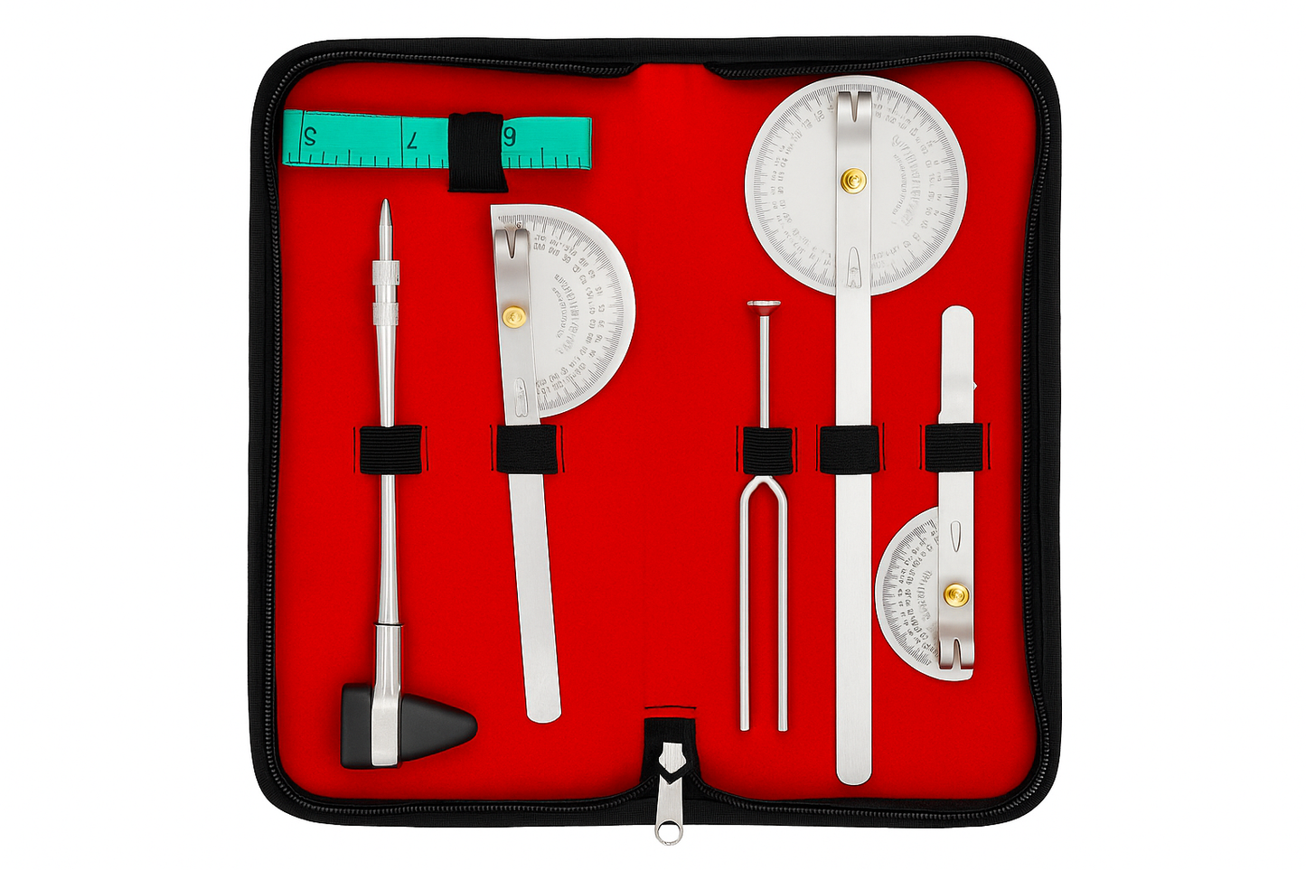Complete Goniometer Set with Reflex Hammer & Inch Tape – Finger, Half & 360° Goniometers